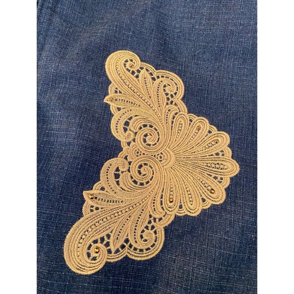 Handcrafted Blue Denim Tote Bag With Embroidered Lace Accent - Picture 3 of 8